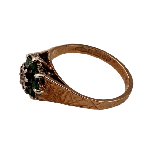 114 - Nine Carat Gold Ring set with Small Emeralds & a Small Diamond. Size L. 2.4g