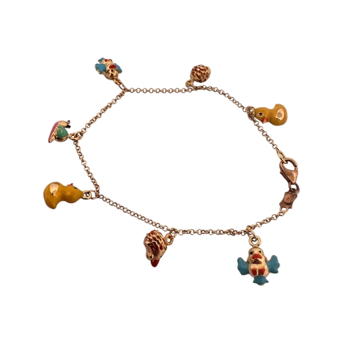 65 - Eighteen Carat Gold & Enamel Duck & Hedghog Charm Bracelet by Fab. Marked '750' 6g