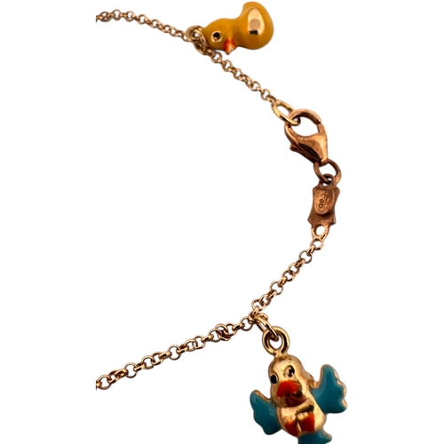 65 - Eighteen Carat Gold & Enamel Duck & Hedghog Charm Bracelet by Fab. Marked '750' 6g