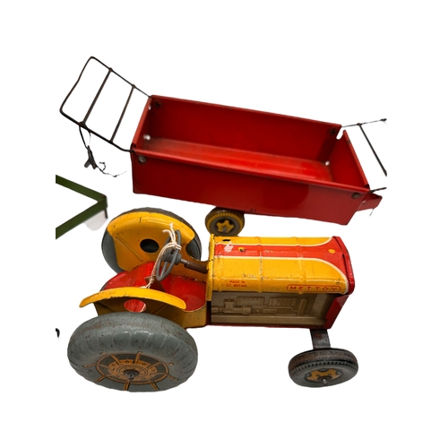 215 - Mettoy Tinplate Clockwork Tractor Toy with Accessories - working