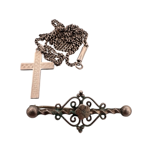 76 - Sterling Silver Cross with Chain & Victorian Bar Brooch (as found)