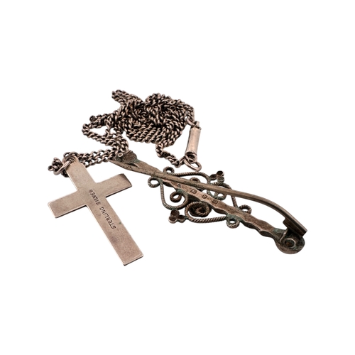 76 - Sterling Silver Cross with Chain & Victorian Bar Brooch (as found)
