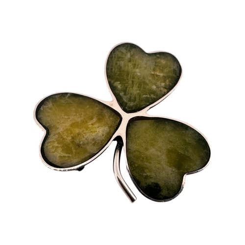 78 - Antique Connemara Marble & Silver Clover Brooch
