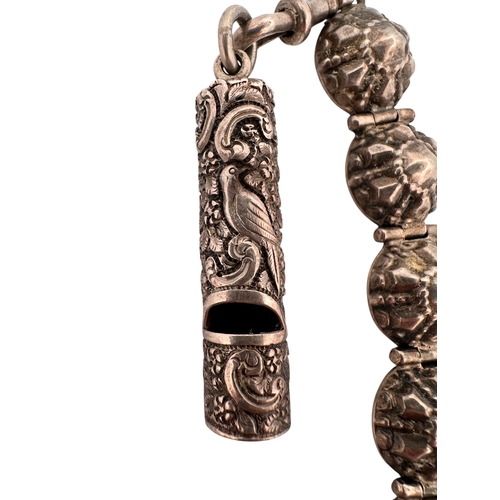 68 - Victorian White Metal Chatelaine Whistle with Ornate Repousse Peacock Design