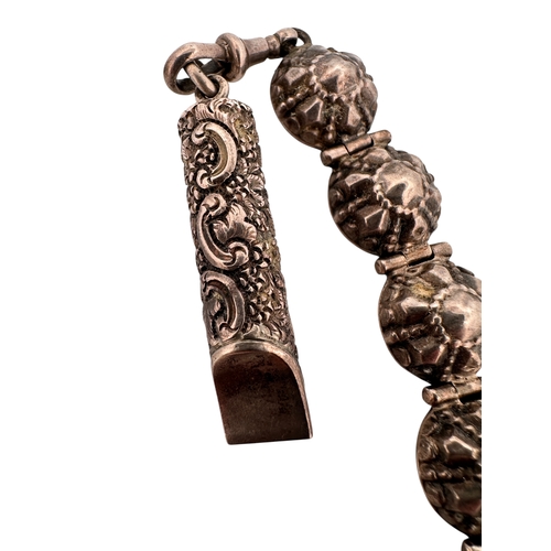 68 - Victorian White Metal Chatelaine Whistle with Ornate Repousse Peacock Design