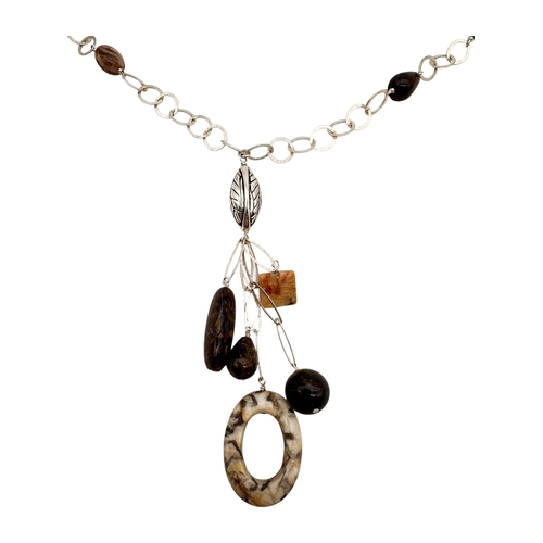 56 - Long Silver Necklace with Polished Semi Precious Stones