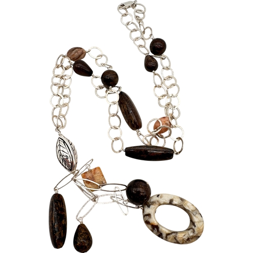 56 - Long Silver Necklace with Polished Semi Precious Stones