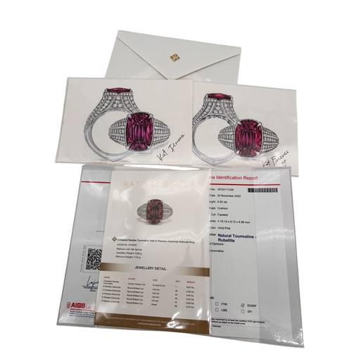 134 - Kat Florence - 6.52 ct Unheated Paraiba Tourmaline - Rubellite Ring. Set in Platinum with 158, 1.07 ... 