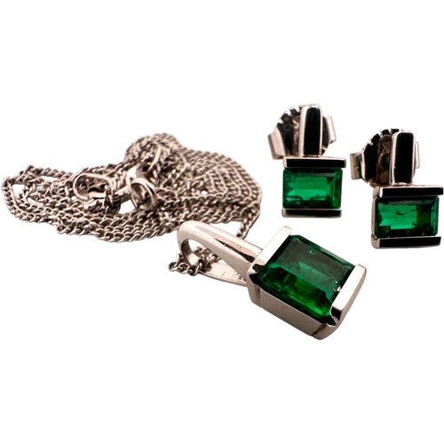 70 - Eighteen Carat White Gold Necklace & Earrings set with Colombian Emeralds. 6.36g
