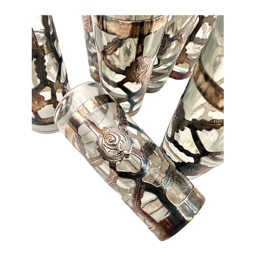 73 - Set of NIne Mexican 925 Silver Bound Shot Glasses