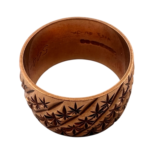 128 - Nine Carat Gold Thick Band Ring with Cut Srat Decoration. Full Hallmarks. Size M. 6.58g