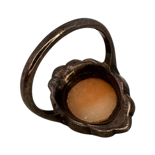 131 - Silver and Marcasite Cameo Ring, size L. Rubbed Marks.