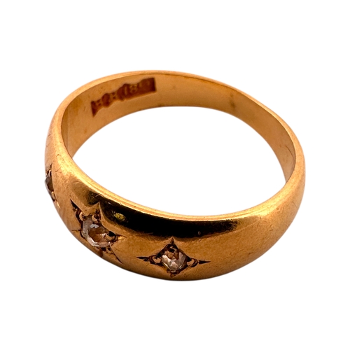 150 - Eighteen Carat Gold Gypsy Style Ring set with Three Diamonds. Size J. 3.59g