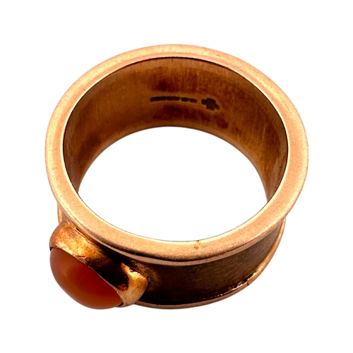 155 - Thick Nine Carat Gold Band Ring set with Peach Coloured Cabochon. Full Hallmarks. Size P. 12g