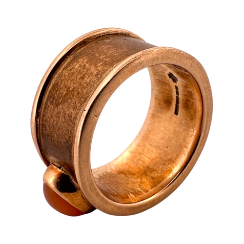 155 - Thick Nine Carat Gold Band Ring set with Peach Coloured Cabochon. Full Hallmarks. Size P. 12g