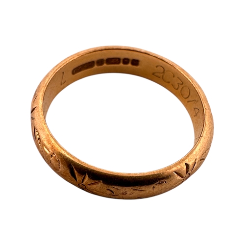 168 - Nine Carat Gold Engraved Band Ring. Full London Hallmarks. Size L. 3g