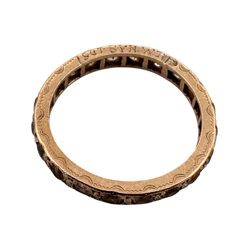 169 - Antique Nine Carat Gold Eternity Ring with With Stones and Engraving to Band. 1.87g. Size L