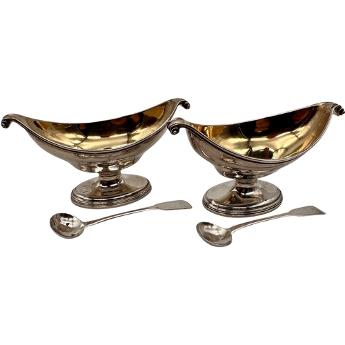 111 - Pair of Georgian Silver Salts with Matched Pair of Silver Spoons. 199g