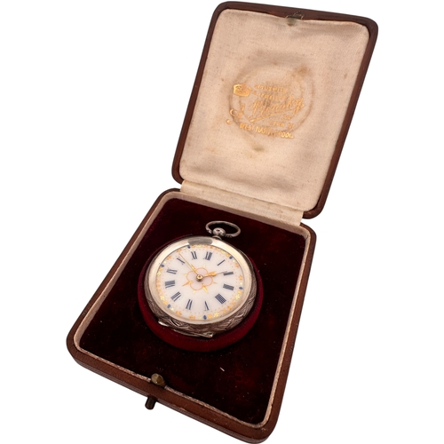 180 - 935 Silver Engraved Ladies Pocket Watch with Blue & Gold Enamel Face. Watch is Ticking