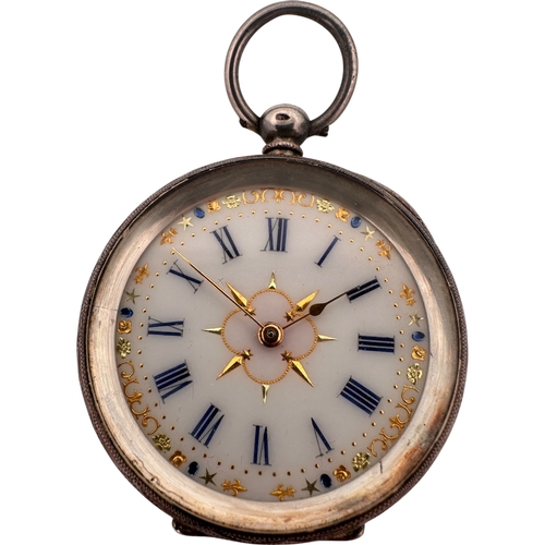 180 - 935 Silver Engraved Ladies Pocket Watch with Blue & Gold Enamel Face. Watch is Ticking