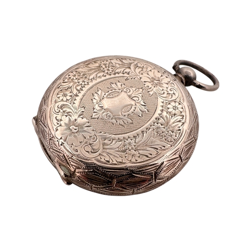 180 - 935 Silver Engraved Ladies Pocket Watch with Blue & Gold Enamel Face. Watch is Ticking