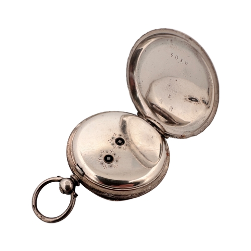 180 - 935 Silver Engraved Ladies Pocket Watch with Blue & Gold Enamel Face. Watch is Ticking