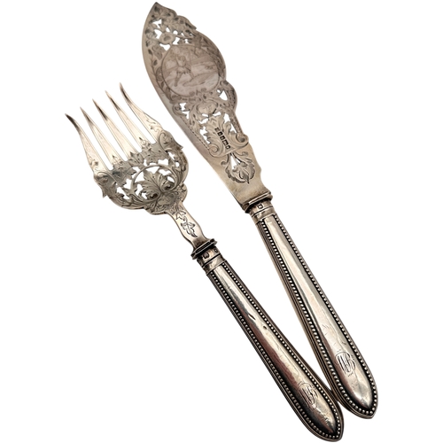 76 - Victorian Hallmarked Silver Fish Servers by Henry Wilkinson & Co, Engraved with Seal Hunting Images.... 