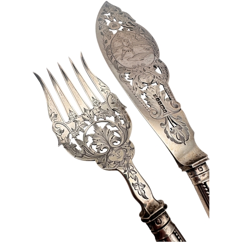 76 - Victorian Hallmarked Silver Fish Servers by Henry Wilkinson & Co, Engraved with Seal Hunting Images.... 