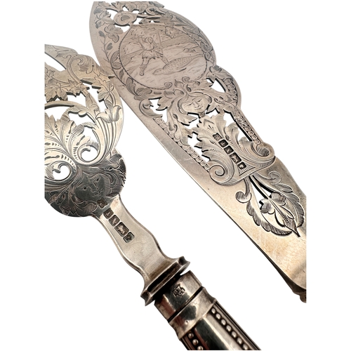 76 - Victorian Hallmarked Silver Fish Servers by Henry Wilkinson & Co, Engraved with Seal Hunting Images.... 