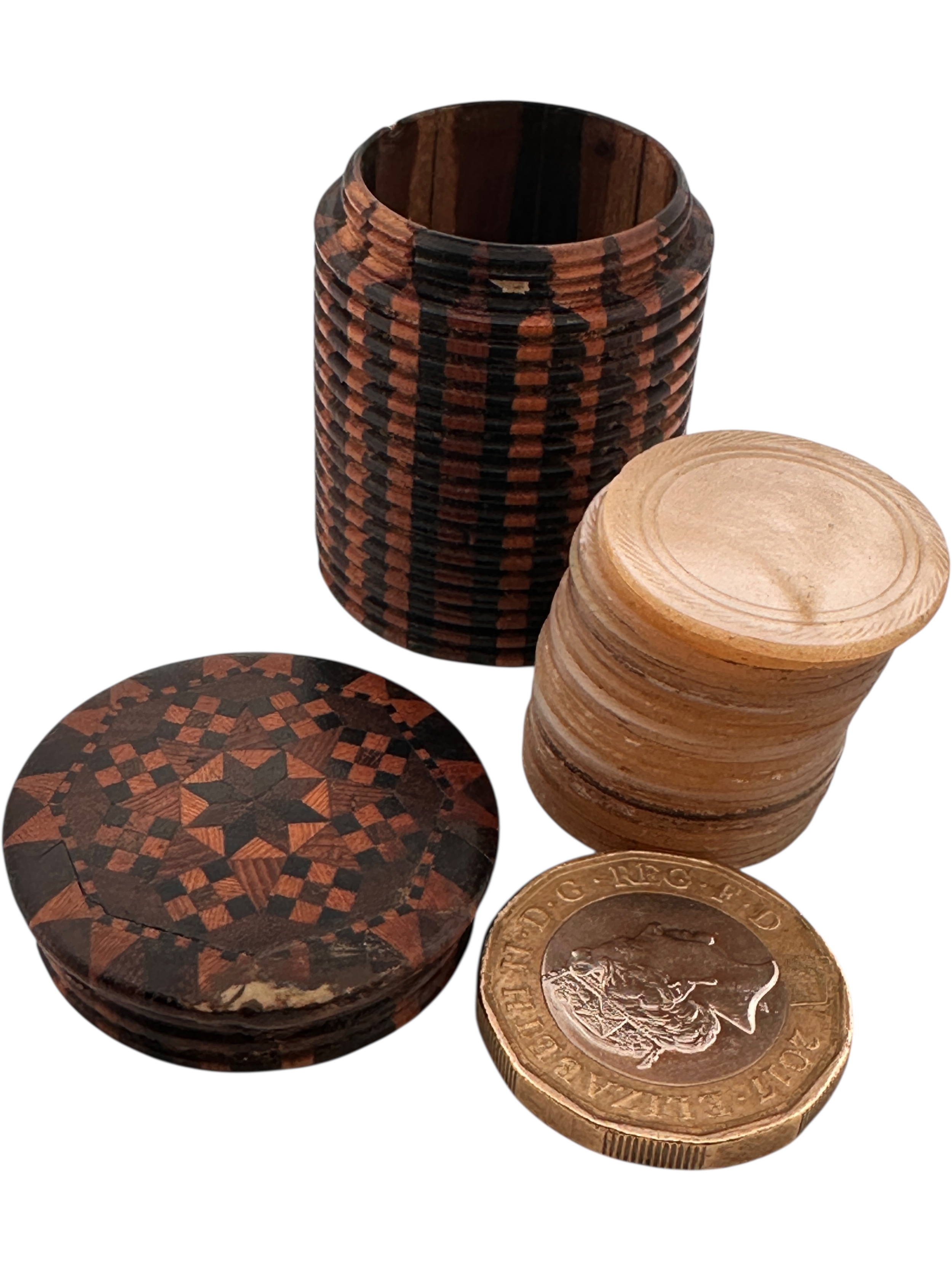 Antique Tunbridge Ware Gaming Counter Container with 16 Mother of Pearl ...