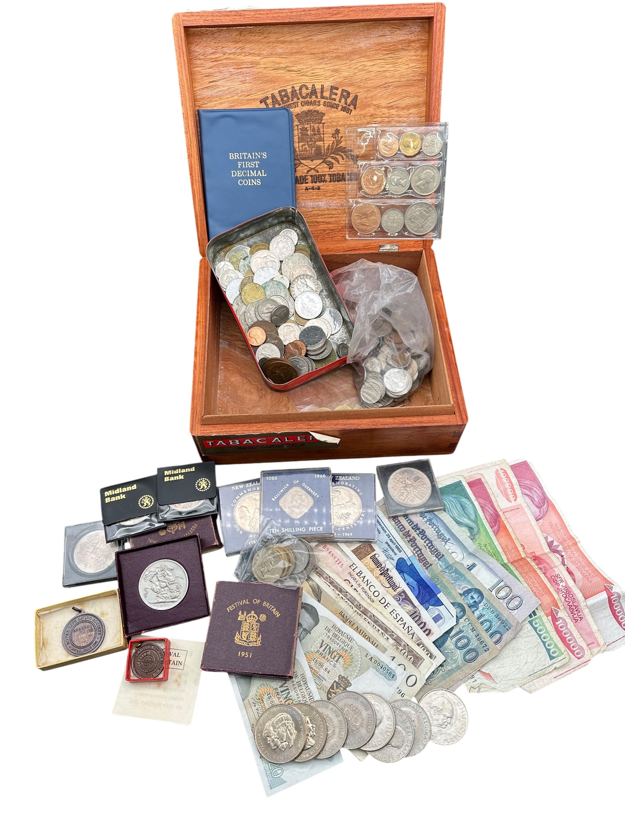 Cigar Box Containing Many International and Domestic Coins, Bank Notes ...