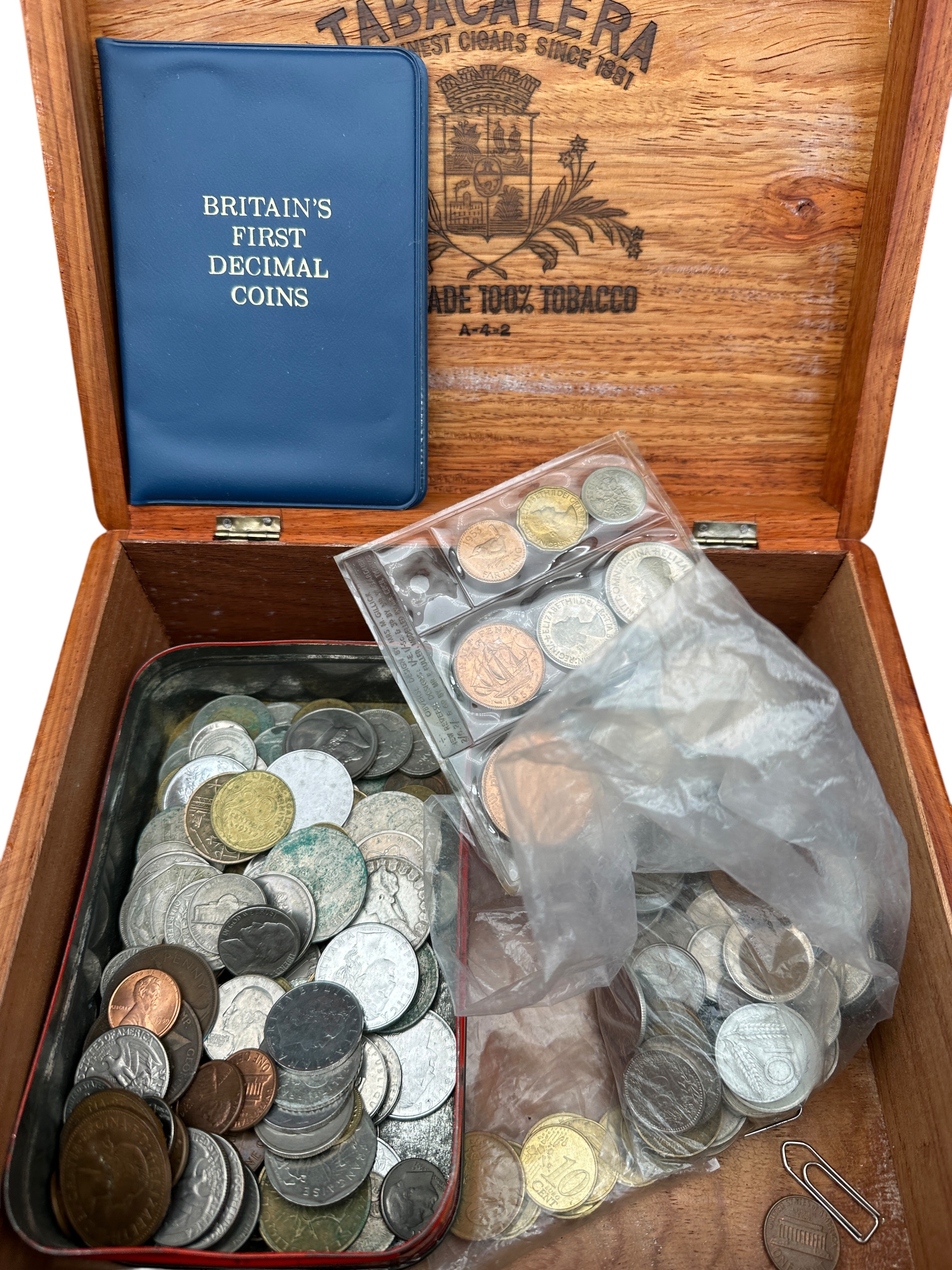 Cigar Box Containing Many International and Domestic Coins, Bank Notes ...