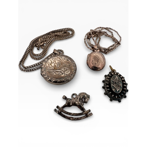 60 - Two Silver Photograph Lockets on Chains with Other Silver Items. 14.42g