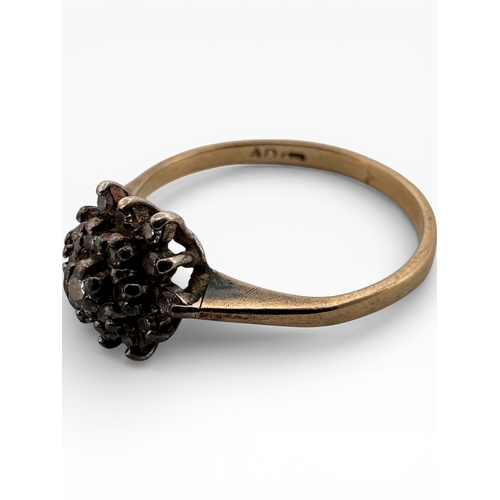 124 - Nine Carat Gold Ring set with Small Flower Diamond Cluster. Size P. 1.92g
