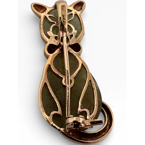 4 - Nine Carat Gold & Jadite Cat Brooch.  3.84g gross...