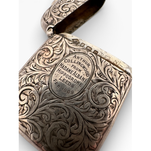 158 - Silver Vesta Case, Madam Albani Hippodrome Leeds 1909. 34.19g