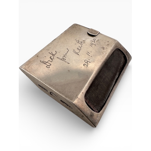 160 - Art Deco Silver Match Box Holder with Inscription. 39g
