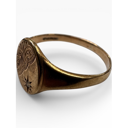 127 - Nine Carat Gold Signet Ring set with Small Diamond. Size U. 2.41g