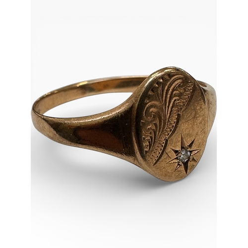 127 - Nine Carat Gold Signet Ring set with Small Diamond. Size U. 2.41g