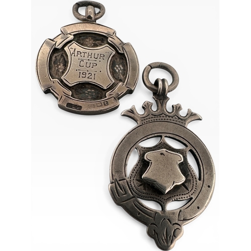 19 - 2 Antique Silver Watch Fobs, one with Gold Shield and Inscribed 'Arthur Cup 1921' (Birmingham 1918),...
