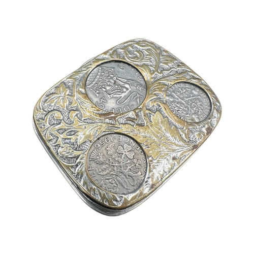 238 - Antique Spring Loaded Nickel Plated Coin Case with Vintage Coins