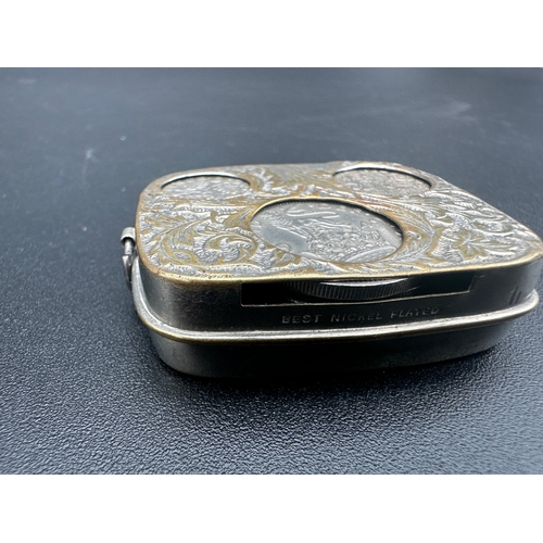 238 - Antique Spring Loaded Nickel Plated Coin Case with Vintage Coins