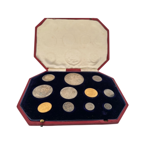 193 - 1902 Specimen Coins Set including Full Gold Sovereign, Half Gold Sovereign and Other Silver Coins.
