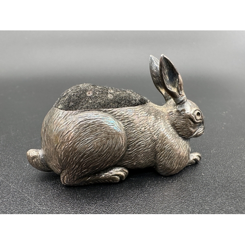 233 - Antique Hallmarked Silver Rabbit Pin Cushion. Birmingham 1909. by Cohen & Charles. Repair to one ear... 