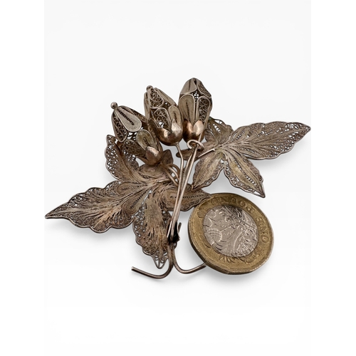 30 - Large White Metal Filigree Brooch. 15.23g...