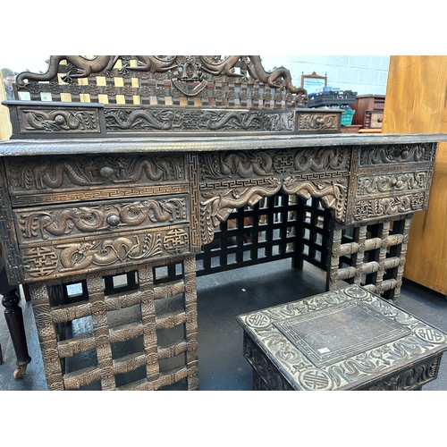 57 - Antique Chinese Travelling Scribe's Desk with Travelling Kneeling Desk - Carved with 'Non Sono Sed D...