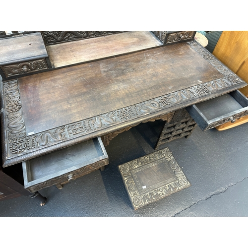 57 - Antique Chinese Travelling Scribe's Desk with Travelling Kneeling Desk - Carved with 'Non Sono Sed D...
