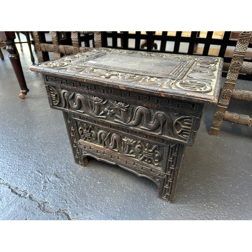 57 - Antique Chinese Travelling Scribe's Desk with Travelling Kneeling Desk - Carved with 'Non Sono Sed D...