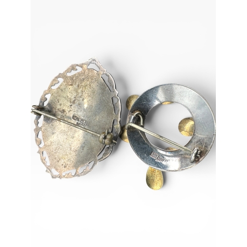 3 - Two Vintage Sterling Silver Brooches, Sami Style and Siam Niello. 7.86g...