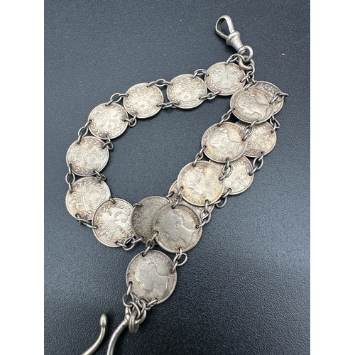 31 - Victorian Silver 3d Threepence Coin Watch Chain or Chatelaine 33g...